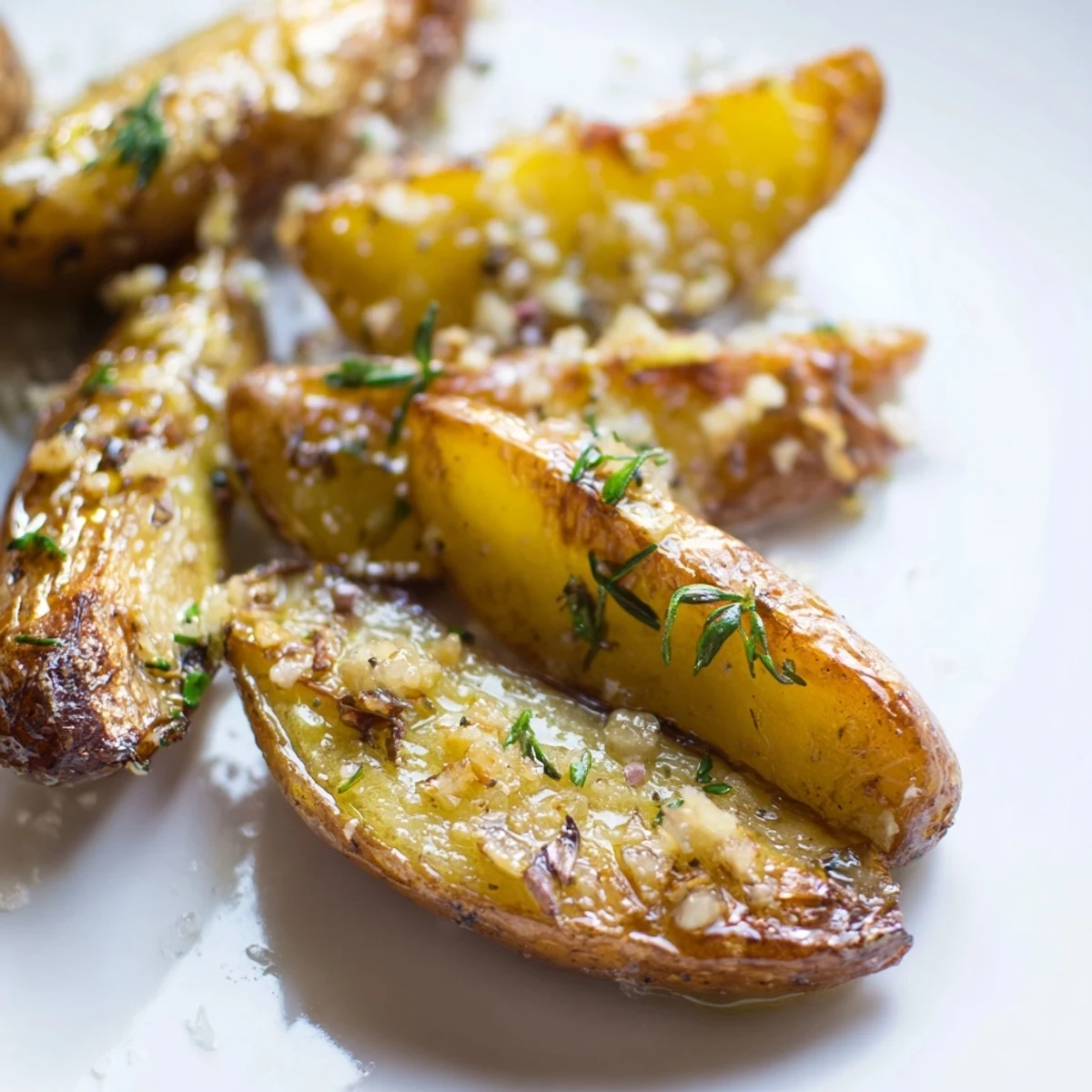 Garnished Garlic Herb Roasted Fingerling Potatoes with Rosemary plated with roasted chicken for a complete meal.