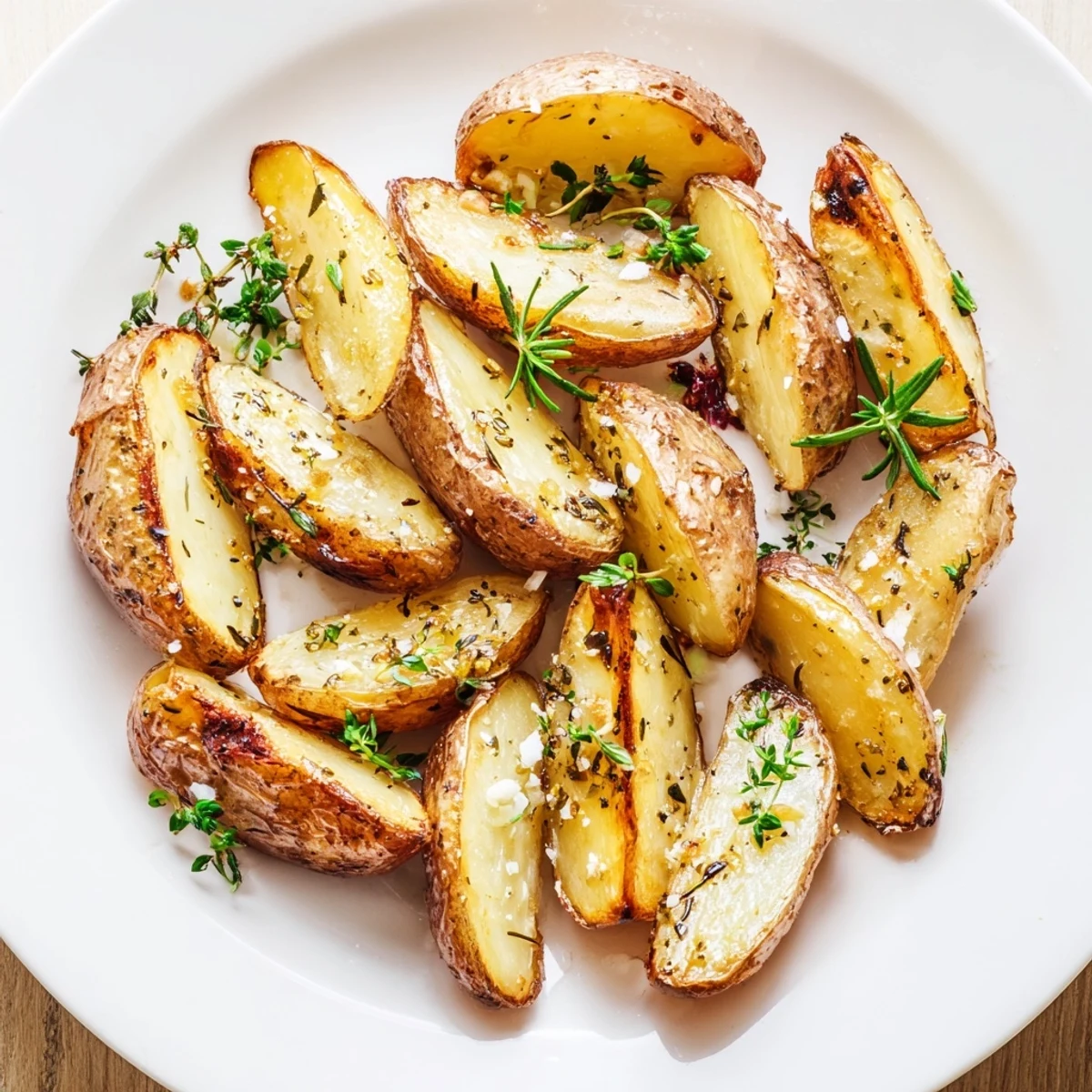 A close-up of golden, crunchy Garlic Herb Roasted Fingerling Potatoes with Rosemary beside a glass of white wine.