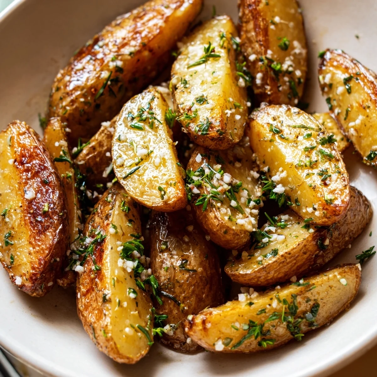 Crispy Garlic Herb Roasted Fingerling Potatoes with Rosemary served hot from the oven.