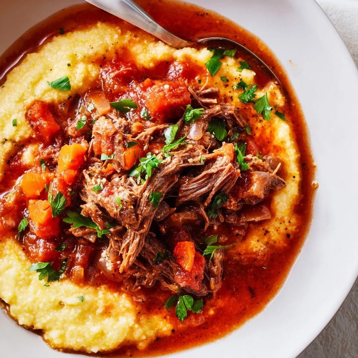 Slow Cooker Beef Ragu with Creamy Polenta served in a rustic ceramic bowl topped with fresh parsley and extra Parmesan.