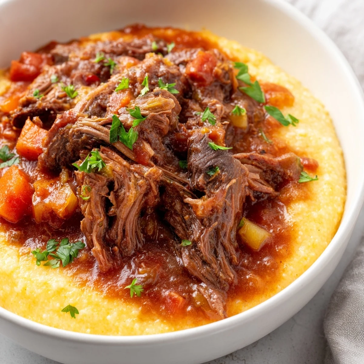 A hearty Italian dinner bowl of Slow Cooker Beef Ragu with Creamy Polenta garnished with Parmesan and fresh herbs.
