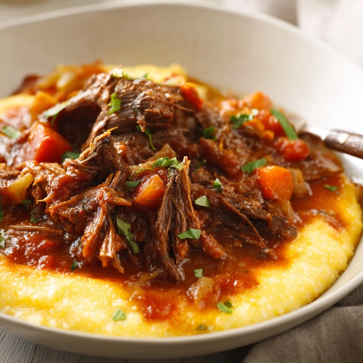 Close-up photo of tender shredded Slow Cooker Beef Ragu with Creamy Polenta, a comforting gluten-free meal perfect for weeknights.