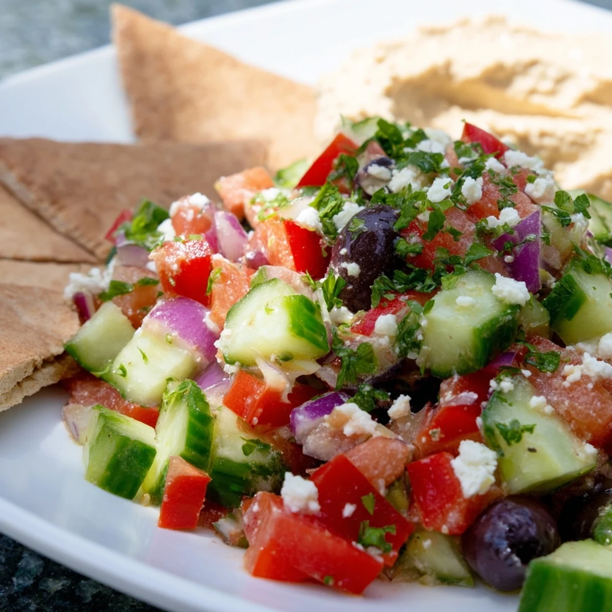 Fresh diced Mediterranean Salad with Hummus and Pita Bread topped with creamy hummus and Kalamata olives.