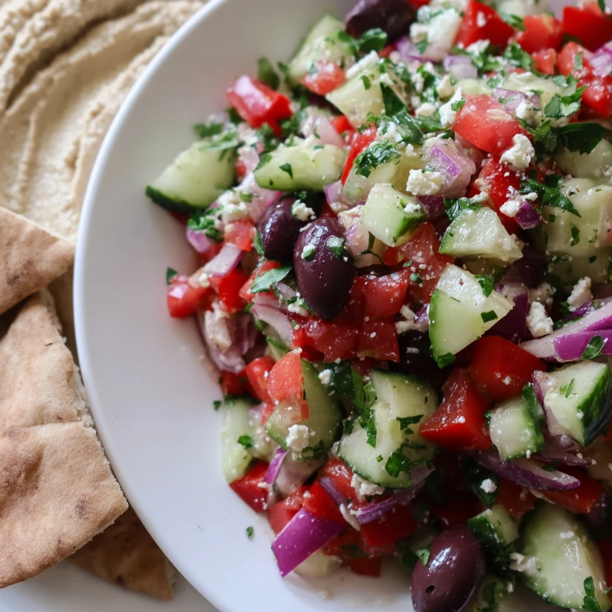 Colorful Mediterranean Salad with Hummus and Pita Bread with feta and red onion beside warm pita wedges.