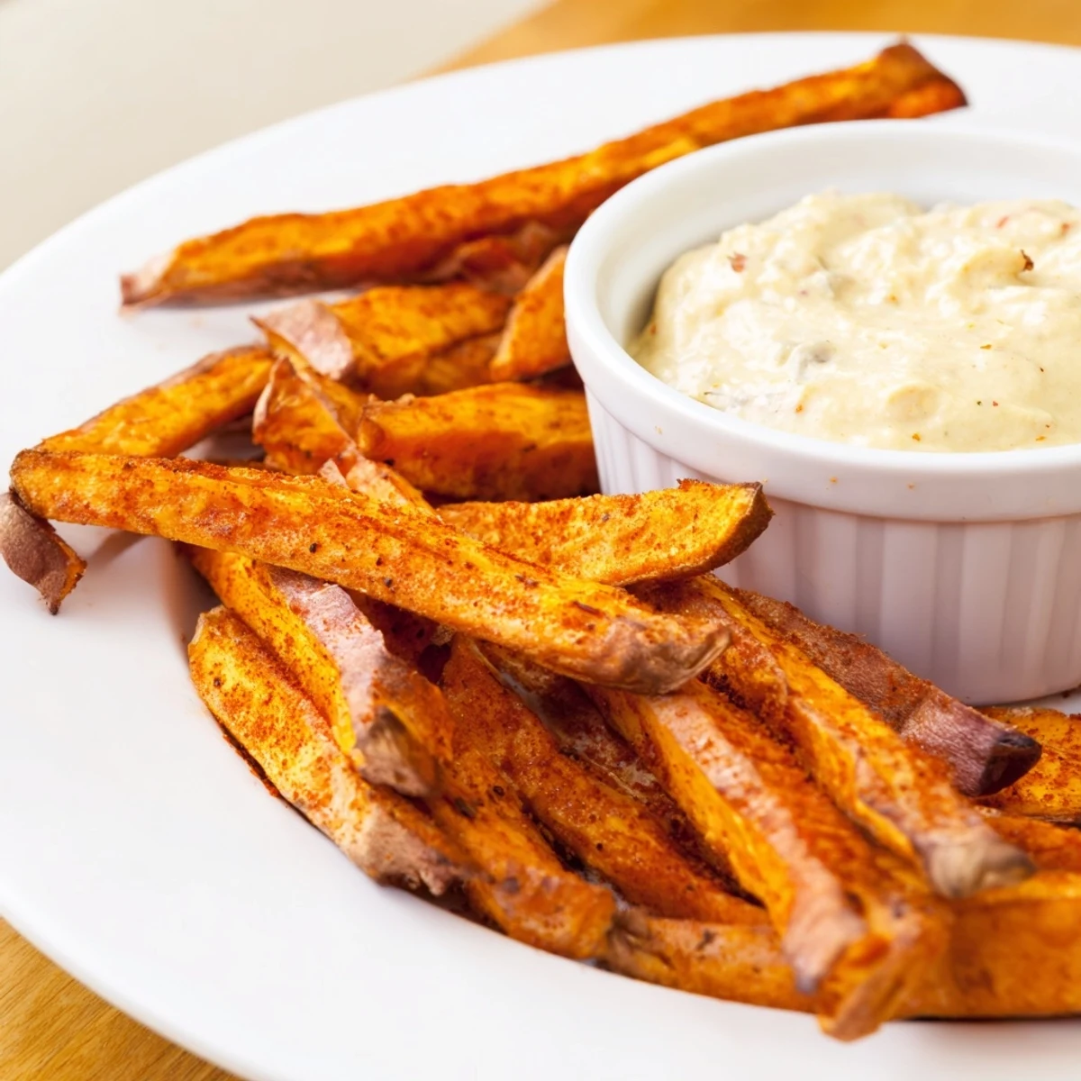Golden, crispy oven-roasted sweet potato fries with smoky chipotle mayo dip ready to serve.