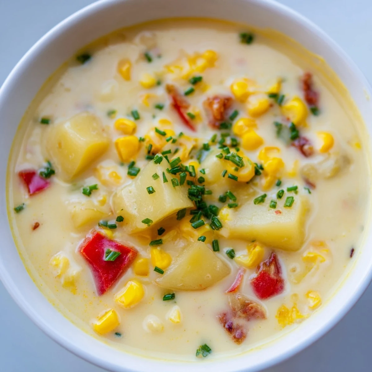 Velvety Creamy Corn Chowder with Red Peppers ladleful shows tender potatoes and sweet corn in a rich, golden broth.