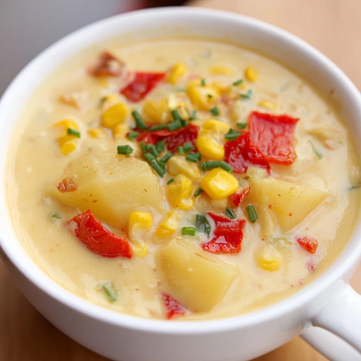 Creamy Corn Chowder with Red Peppers steaming in a rustic bowl, topped with fresh chives, ready for a cozy meal.