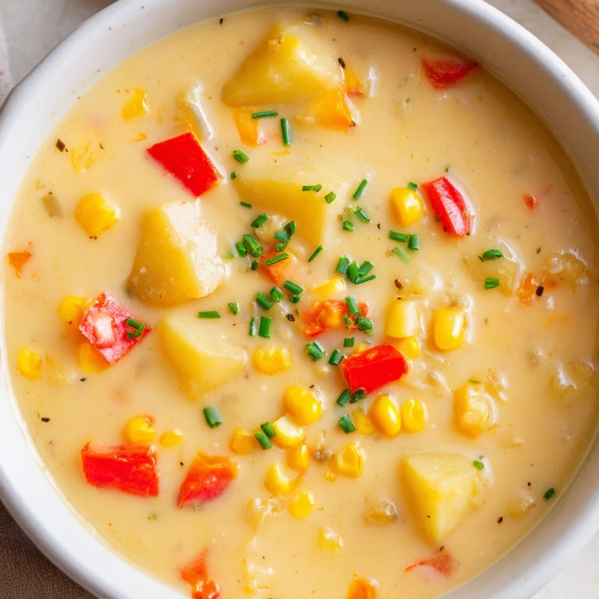 Close-up of Creamy Corn Chowder with Red Peppers, garnished with chives, served with crusty bread for dipping.