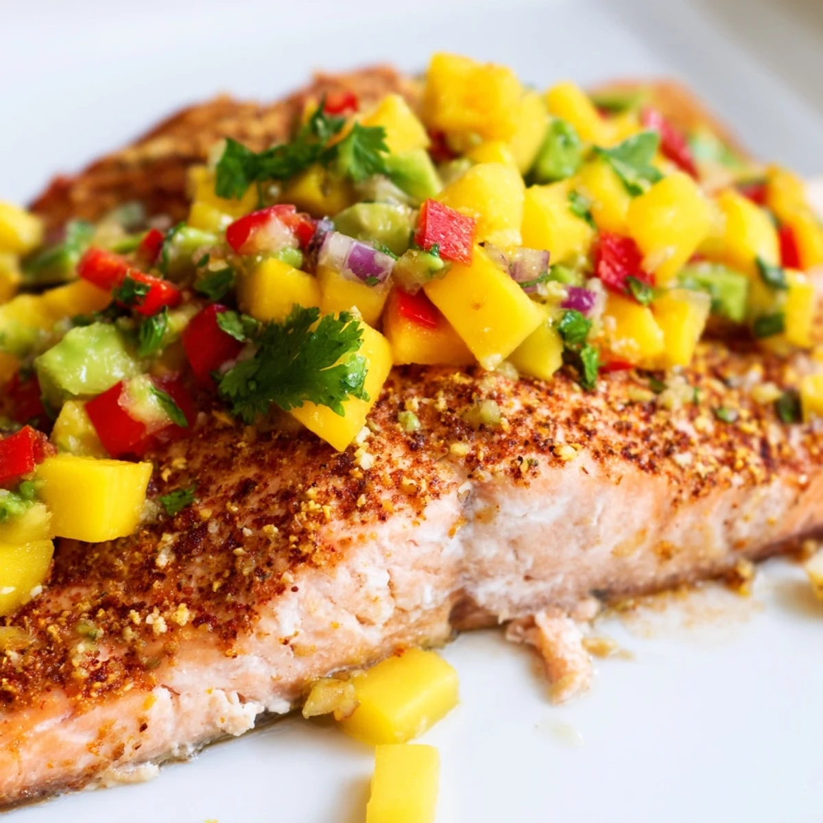 Flaky Baked Salmon with Mango Avocado Salsa garnished with lime wedges and fresh cilantro.
