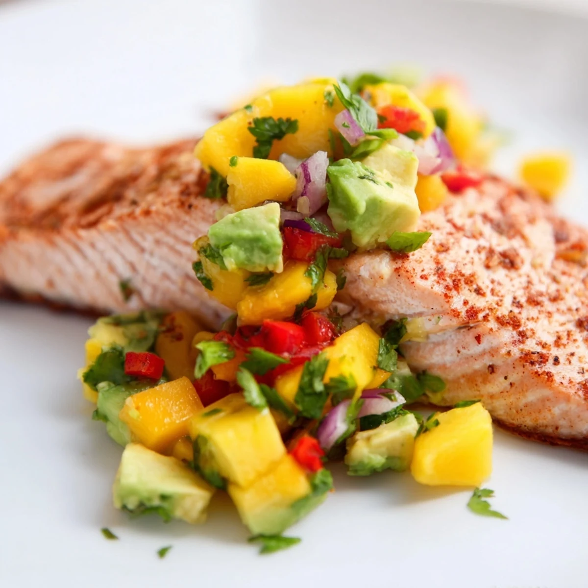 Freshly baked salmon fillets topped with vibrant mango avocado salsa on a rustic white plate.