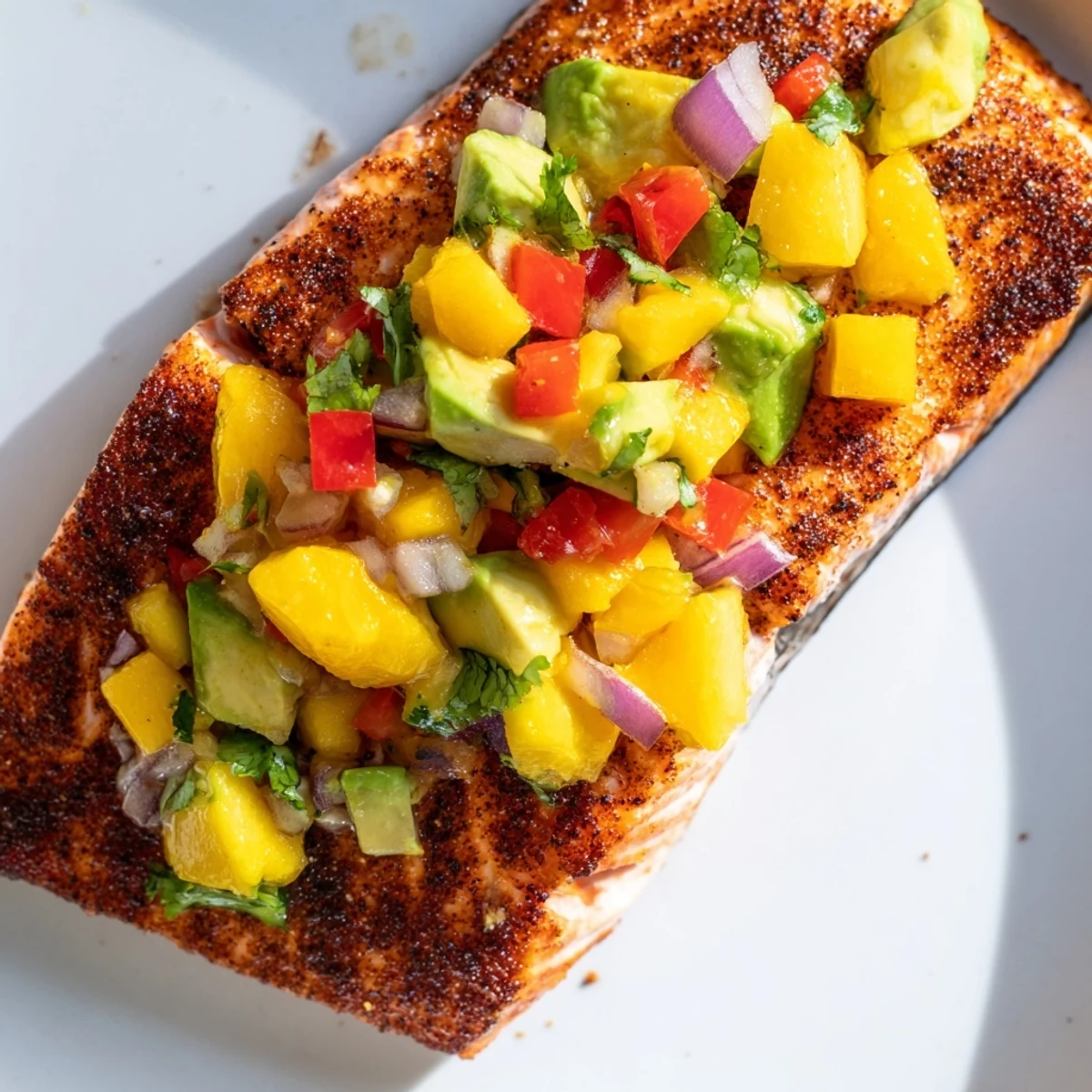 Golden Baked Salmon with Mango Avocado Salsa served over greens with a drizzle of lime.