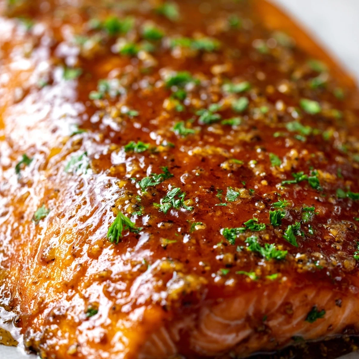 Four glazed salmon fillets, baked with a glossy maple-Dijon sauce, served with fresh lemon wedges and parsley.