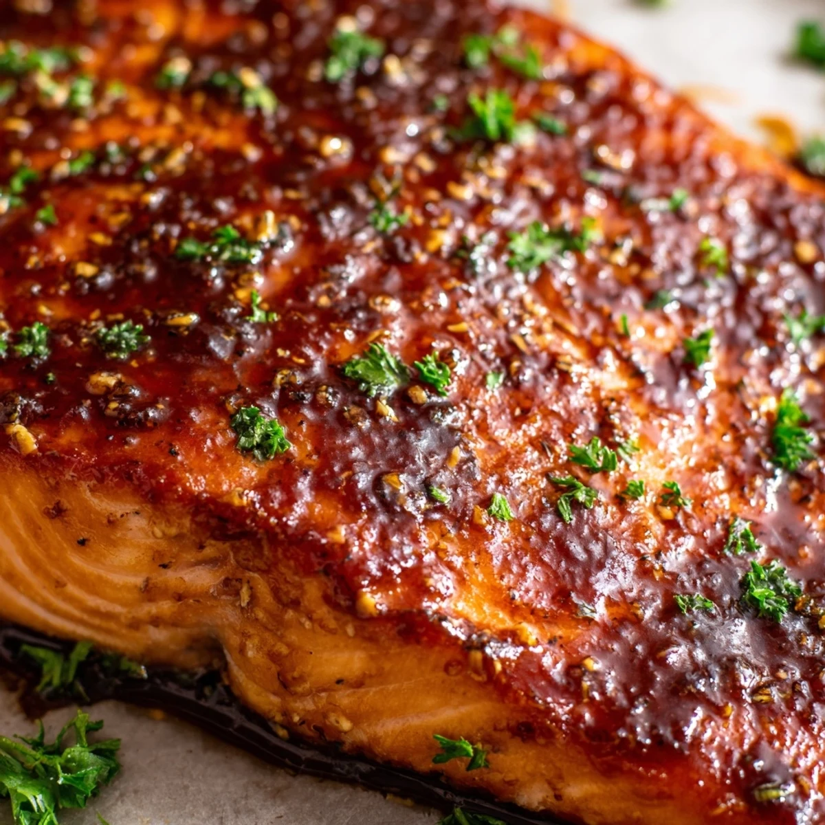 A close-up view of a beautifully baked salmon fillet with a sweet and savory maple glaze.