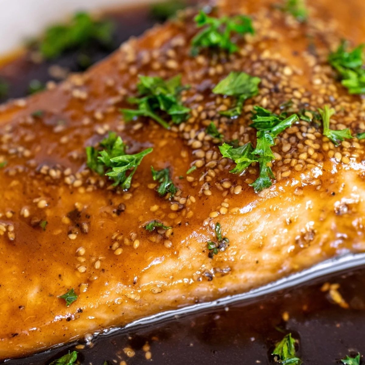 Flaked, tender salmon fillets coated in a sticky, caramelized maple glaze, garnished with fresh parsley.