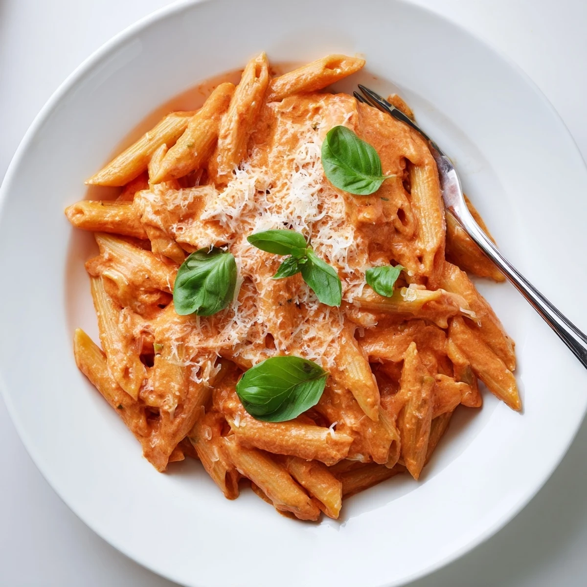 Creamy tomato basil pasta garnished with fresh basil leaves and Parmesan, steaming in a white bowl.