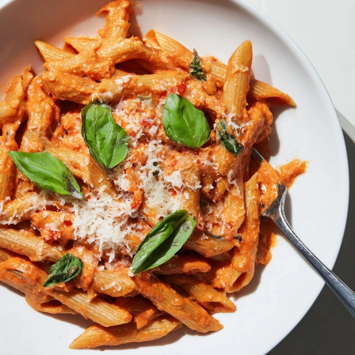 A close-up of creamy tomato basil pasta twirled on a fork, showcasing the velvety red sauce.