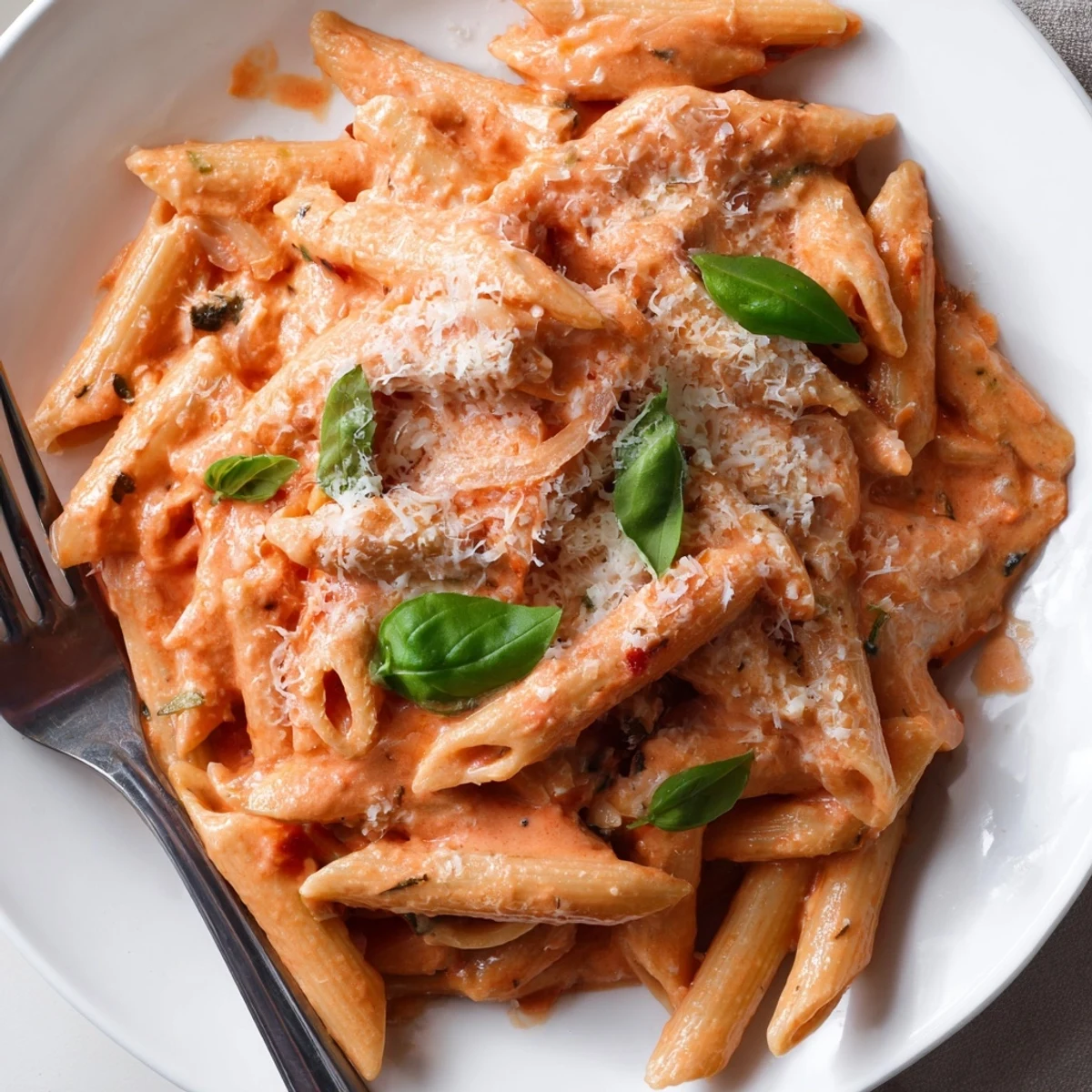 Serving creamy tomato basil pasta family-style from a skillet, with extra Parmesan and basil on top.