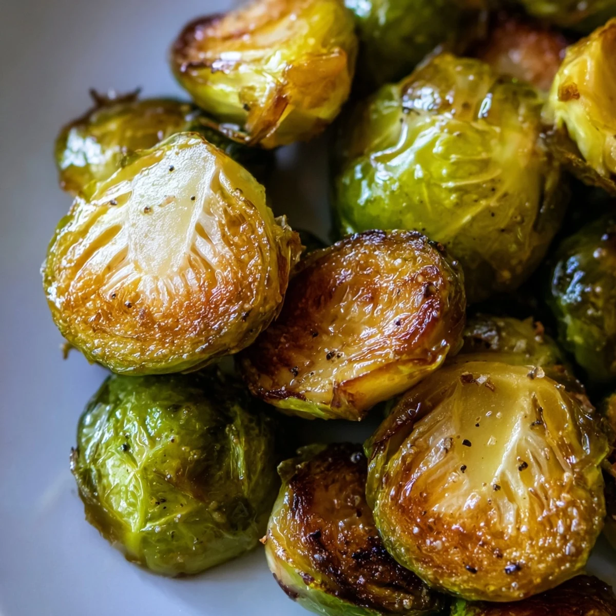 Golden roasted Brussels sprouts with honey glaze, crisp on the outside, sweet and tangy, perfect for a Thanksgiving side dish.  