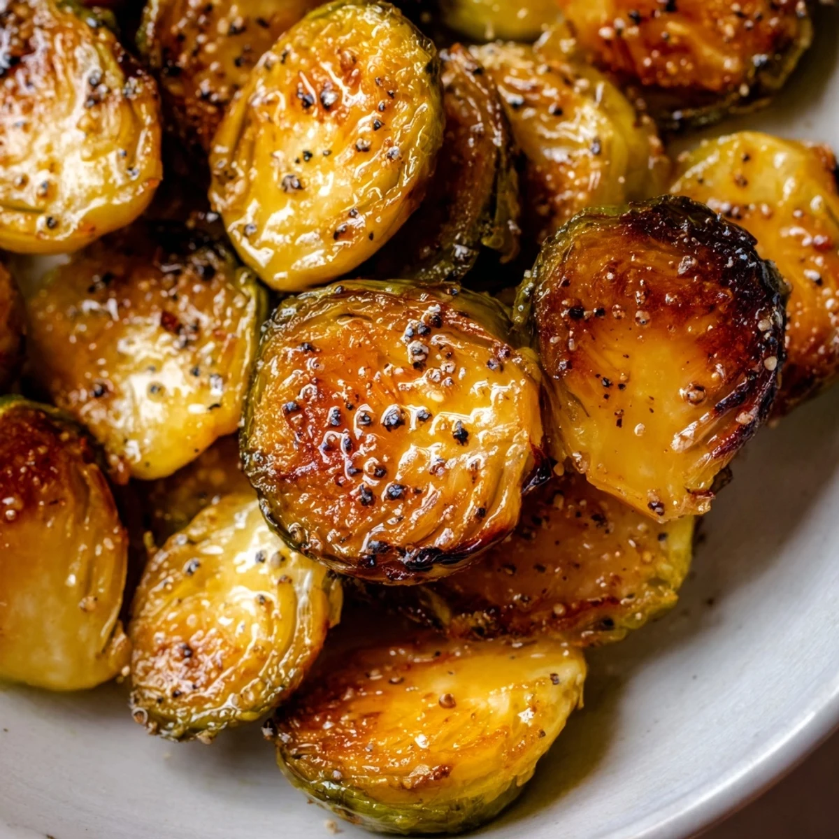 Roasted Brussels sprouts glistening with honey glaze, a vibrant vegetarian side ready for a holiday dinner table.