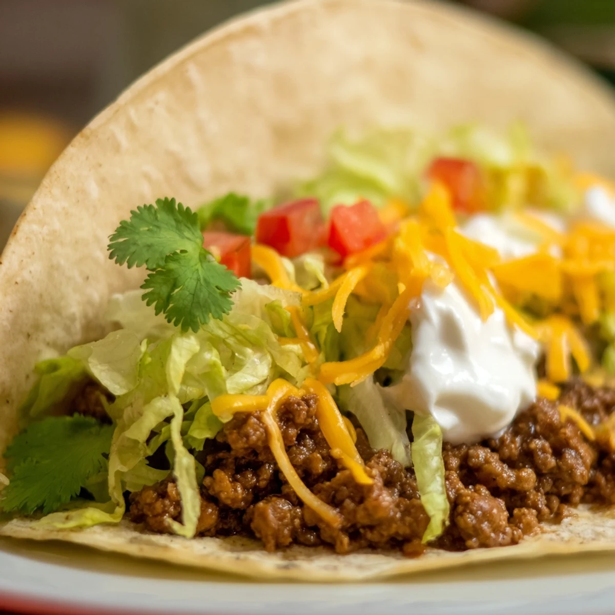 Warm ground beef filling nestled in soft flour tortillas with avocado and sour cream garnish.