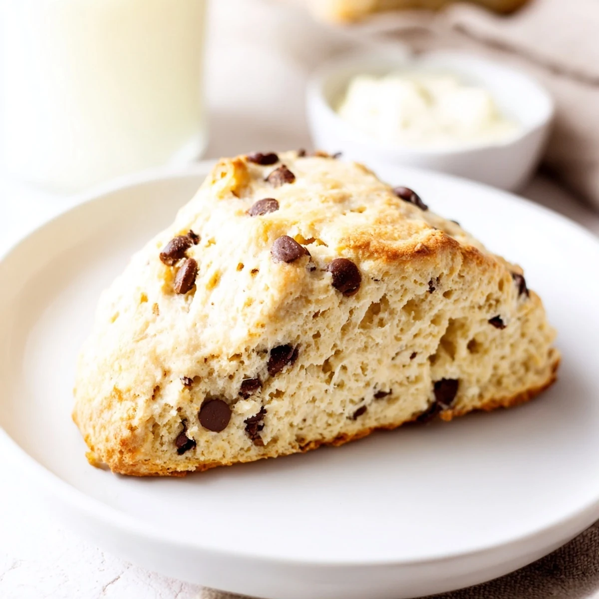 Freshly baked chocolate chip scones with golden edges and melty chocolate, served warm on a rustic kitchen counter.  