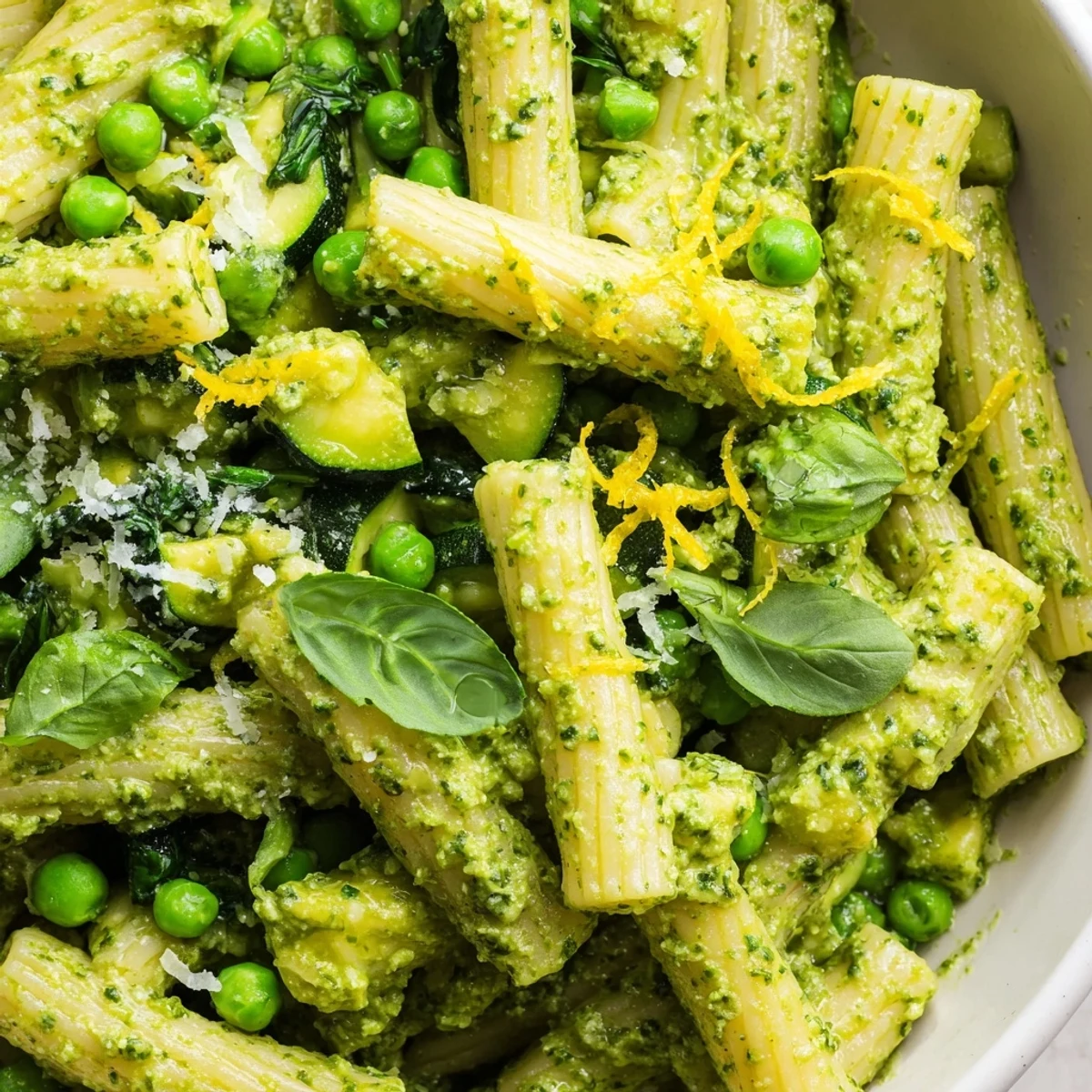 Steaming St. Patrick's Day Pesto Pasta tossed with zucchini and scallions on a rustic wooden table.  