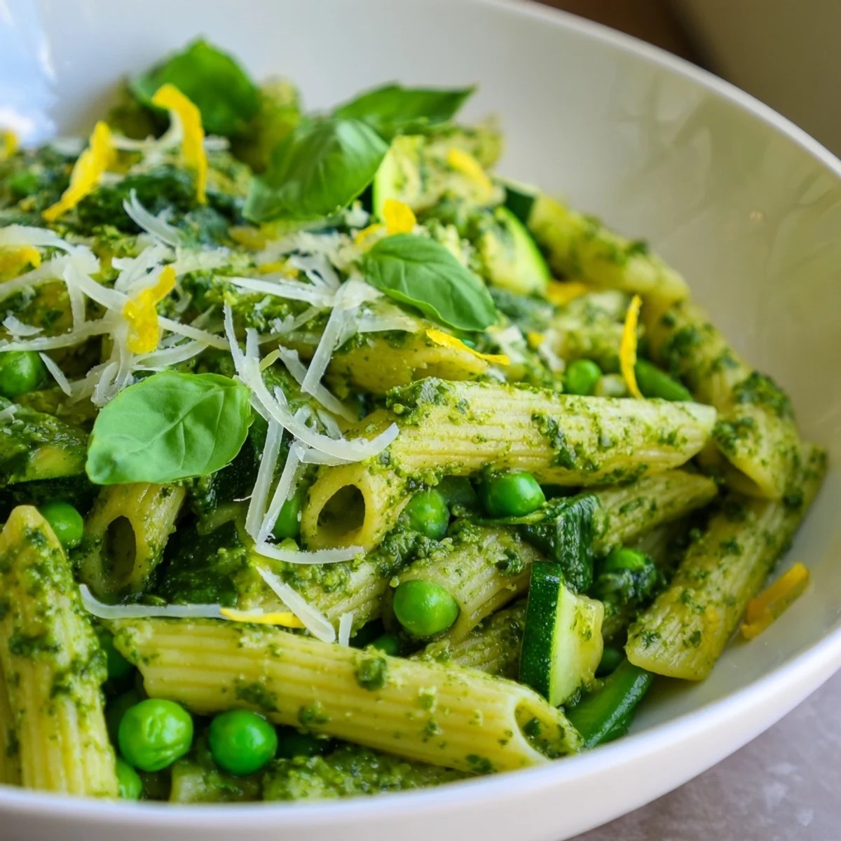 Colorful bowl of St. Patrick's Day Pesto Pasta garnished with Parmesan and lemon zest, ready to serve.