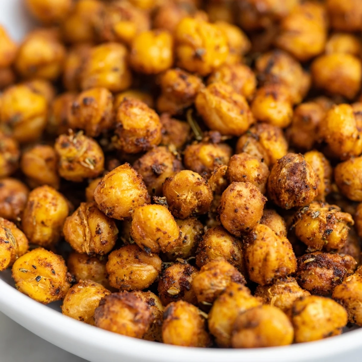 Spicy Cajun roasted chickpeas glistening with oil and seasonings, resting in a rustic bowl for a healthy, plant-based bite.