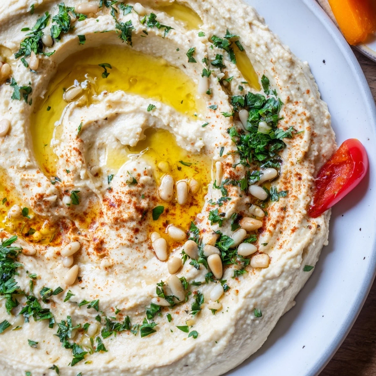Creamy, spiced hummus swirled with olive oil, surrounded by crisp cucumbers, carrots, and peppers for dipping.