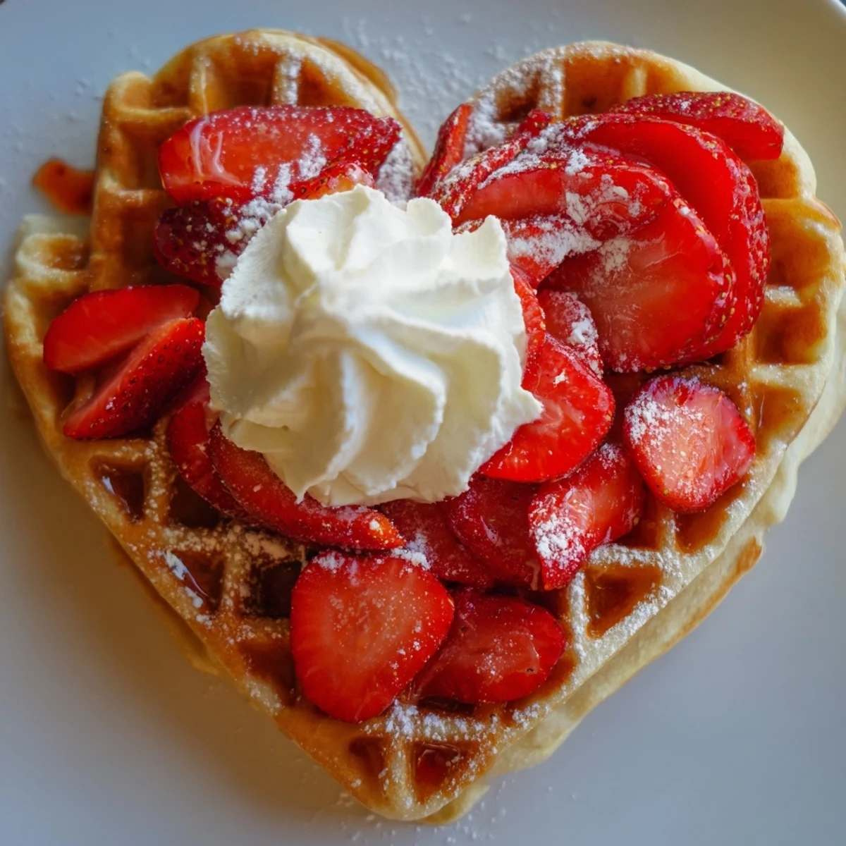 A stack of warm Heart Shaped Waffles with Strawberries served with maple syrup and powdered sugar.