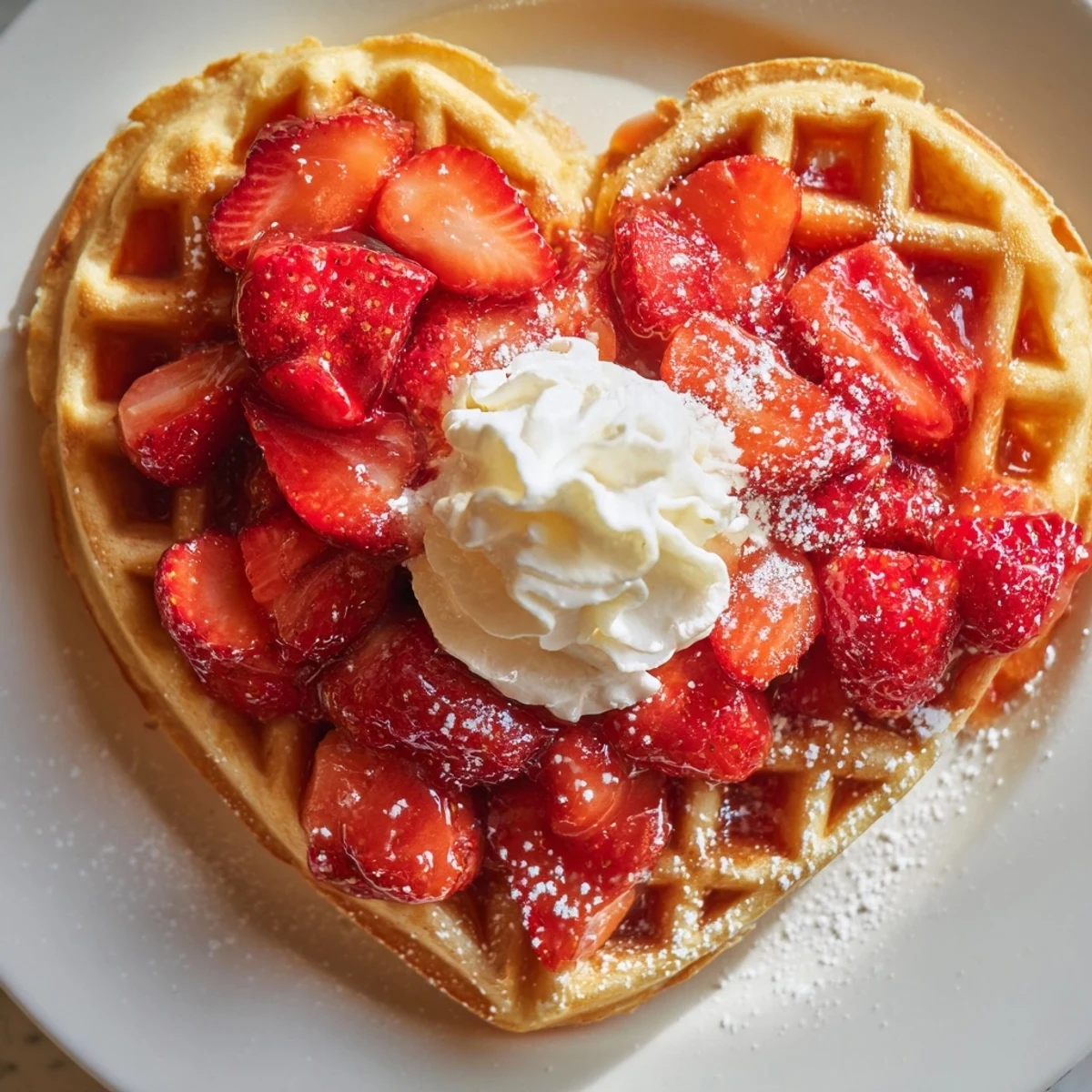 Golden brown Heart Shaped Waffles with Strawberries topped with fresh fruit and fluffy whipped cream.
