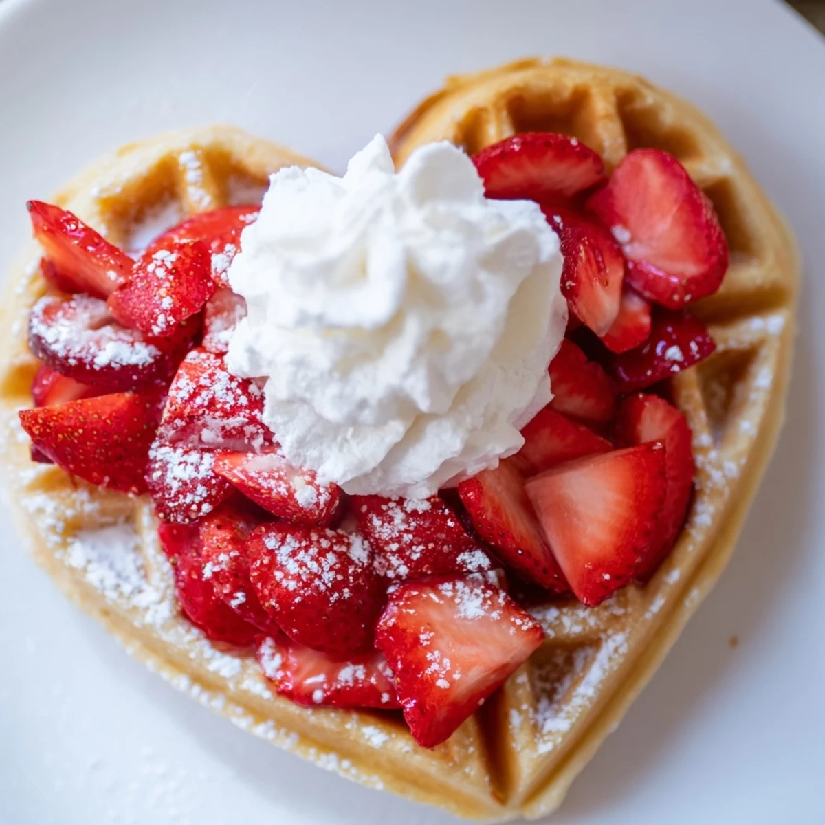 Freshly cooked Heart Shaped Waffles with Strawberries and juicy sliced berries ready for a romantic brunch.