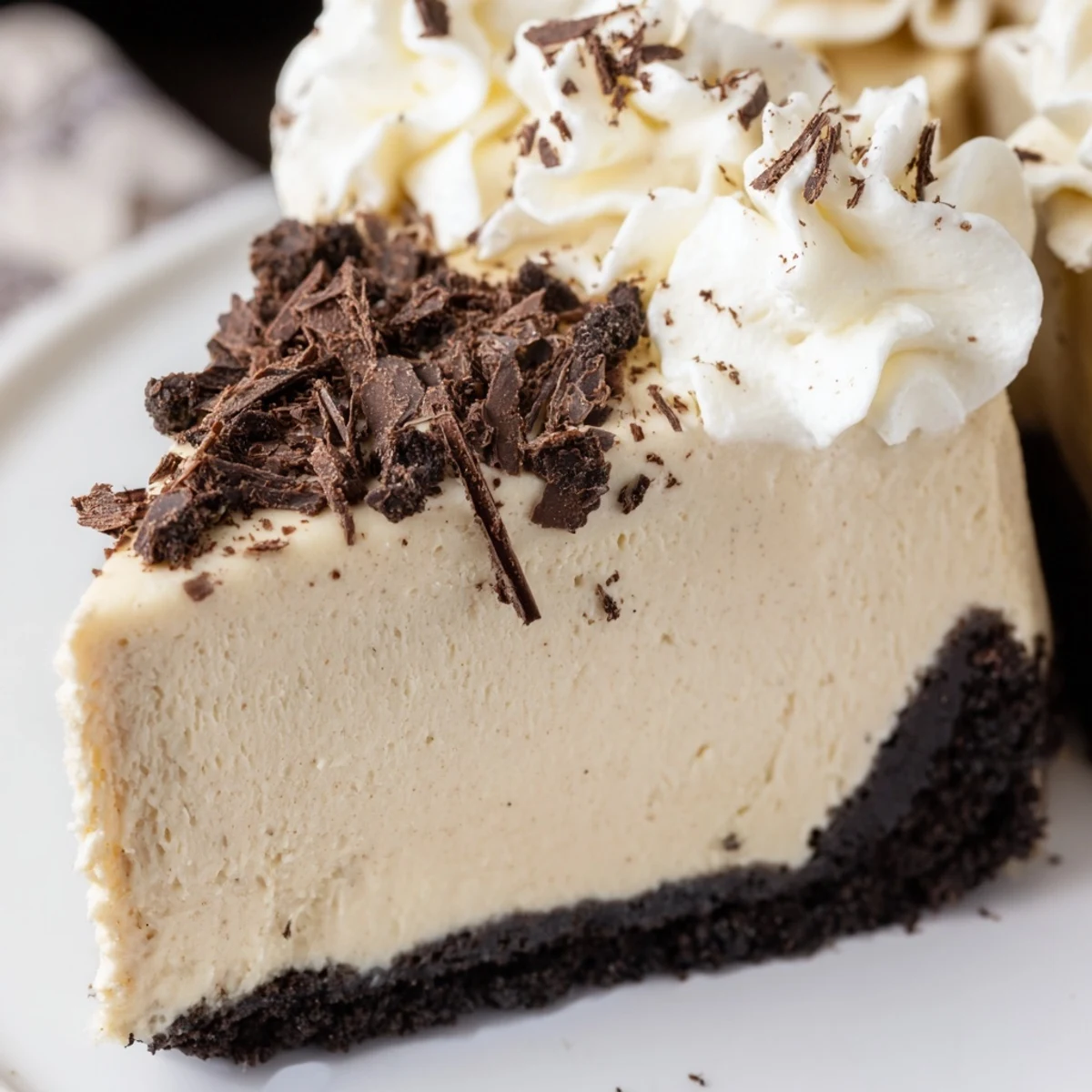 Serving Bailey Style Irish Cream Cheesecake with coffee, garnished with cocoa powder and a drizzle of whipped cream.