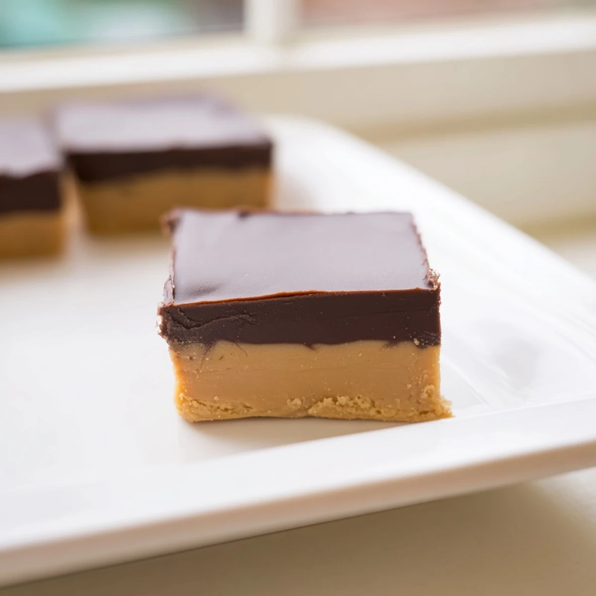 A close-up view of chocolate peanut butter fudge squares cut into neat portions, perfect for a dessert platter.  