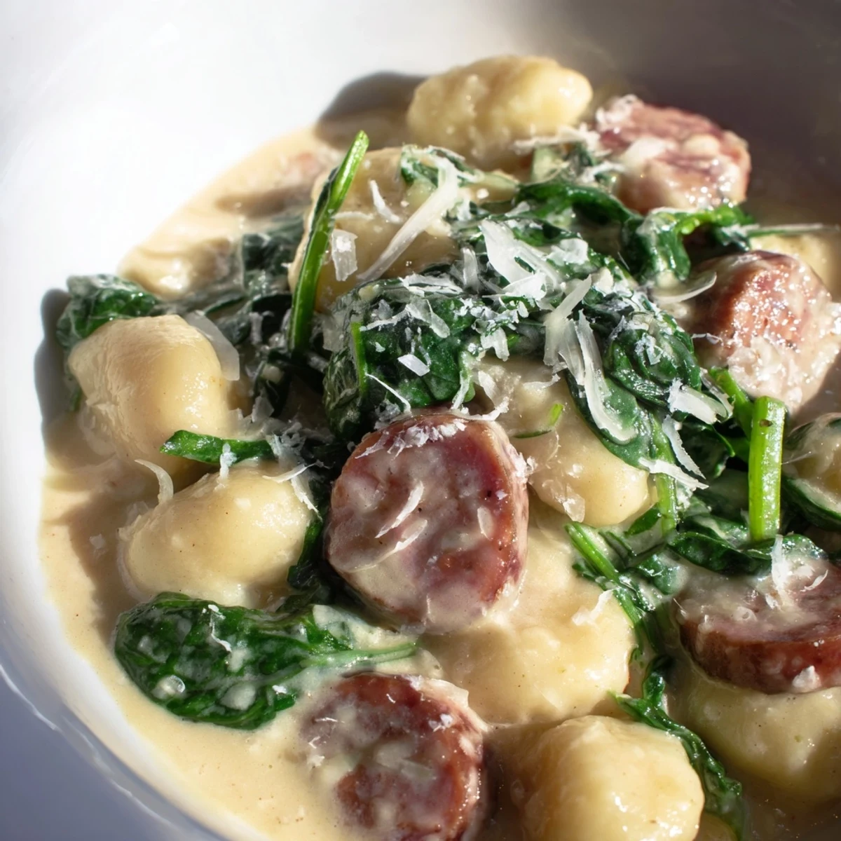 Creamy gnocchi with spinach and halal sausage garnished with Parmesan and fresh herbs.