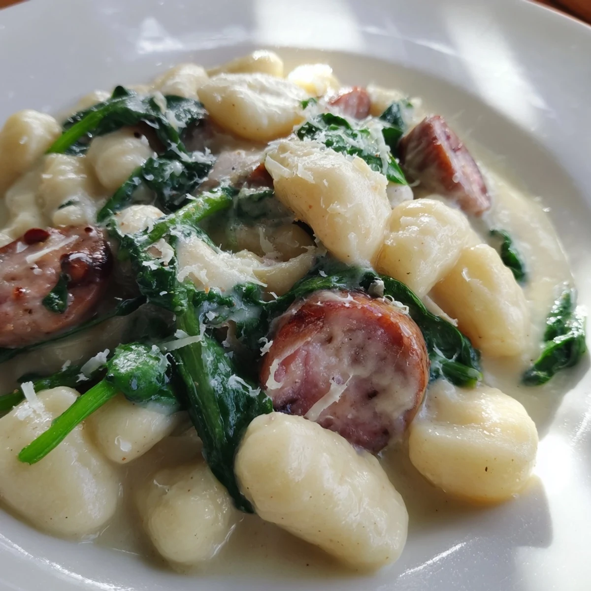 A skillet of creamy gnocchi with spinach and halal sausage ready to serve.