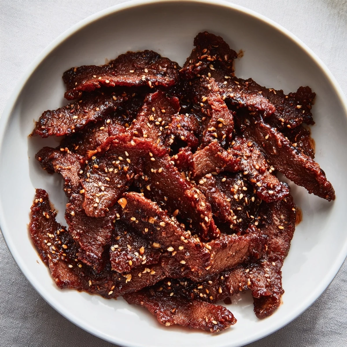 Close-up of a Spicy Korean Beef Bowl with Steamed Rice, showcasing glossy beef and crisp vegetables.  