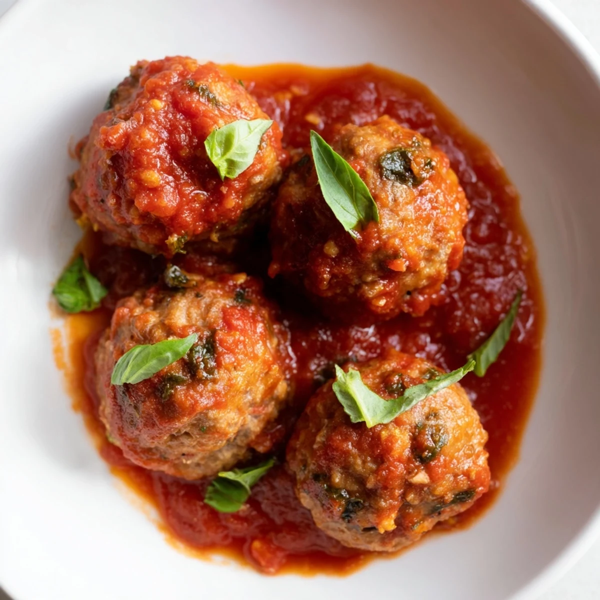 Golden-brown turkey meatballs simmer in a chunky red marinara sauce, garnished with fresh basil, served over spaghetti.