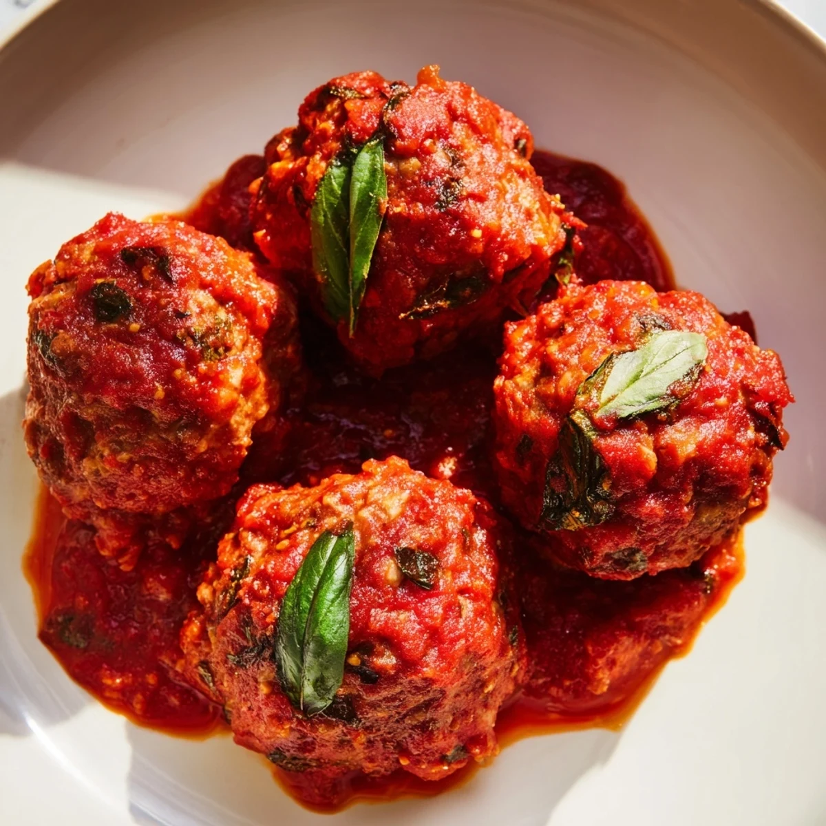 Comforting homemade Italian-American turkey meatballs simmering in garlicky marinara, ready to be served with zucchini noodles.