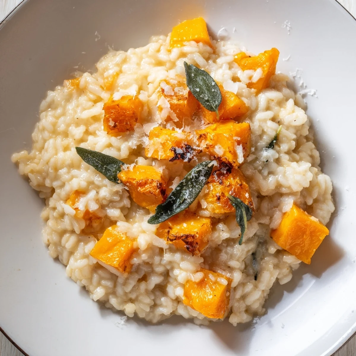 A close-up of creamy Winter Squash Risotto with Sage and Parmesan in a white bowl, garnished with fresh sage leaves.