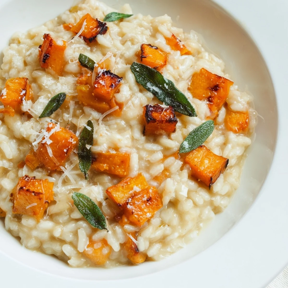 A rustic skillet of Winter Squash Risotto with Sage and Parmesan, topped with extra grated Parmesan and herbs.