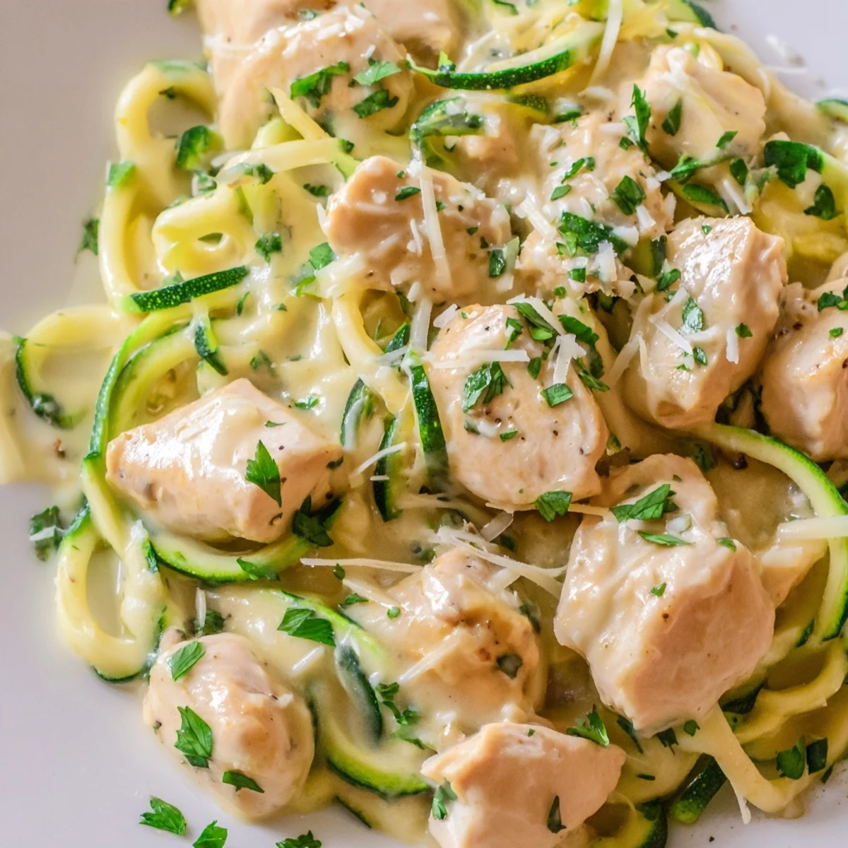 Golden-brown sliced chicken breast and spiralized zucchini noodles coated in a velvety, creamy Parmesan Alfredo sauce, garnished with fresh parsley.