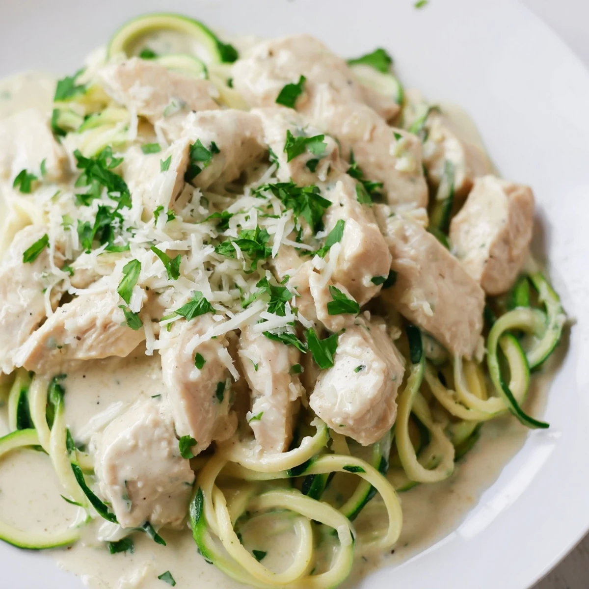 Tender white meat chicken and low-carb zucchini noodles tossed in a rich, garlic-infused Alfredo sauce in a warm skillet.