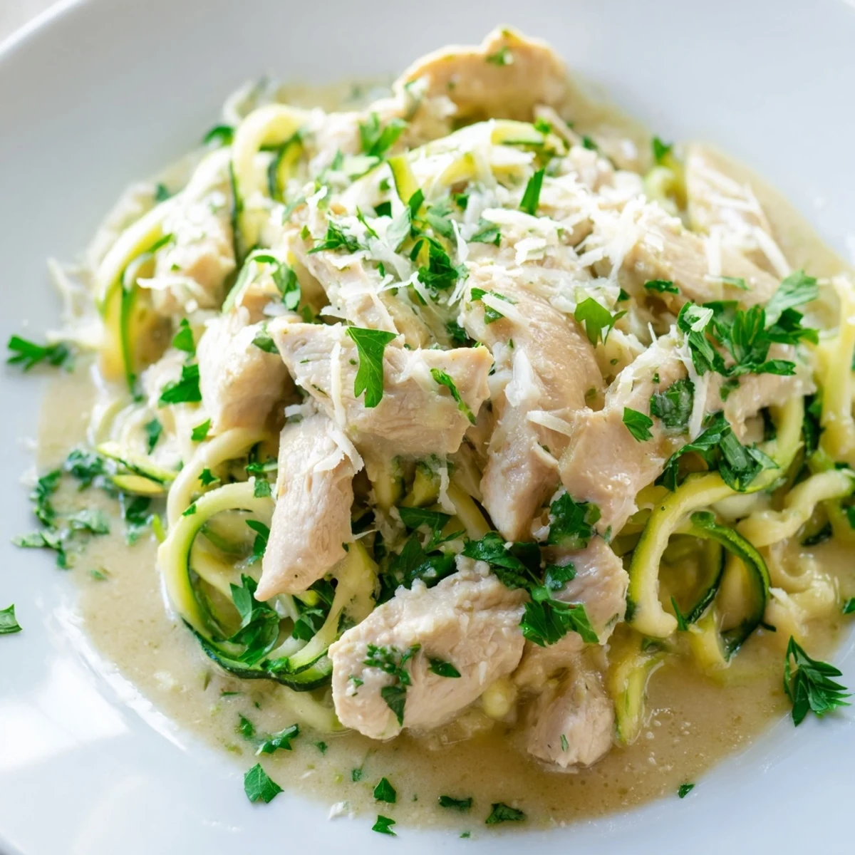 A close-up view of a delicious serving of Chicken Alfredo with Zucchini Noodles, featuring melted Parmesan and a garnish of parsley.