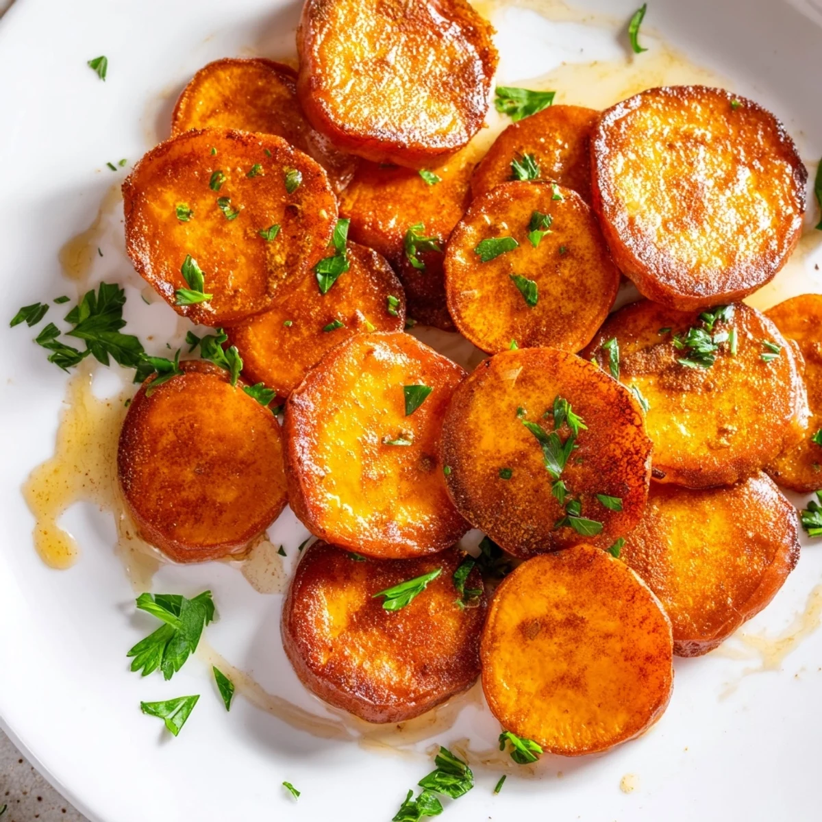 A close-up of roasted sweet potato slices with a hint of cinnamon, perfect as a vegetarian and gluten-free side dish.