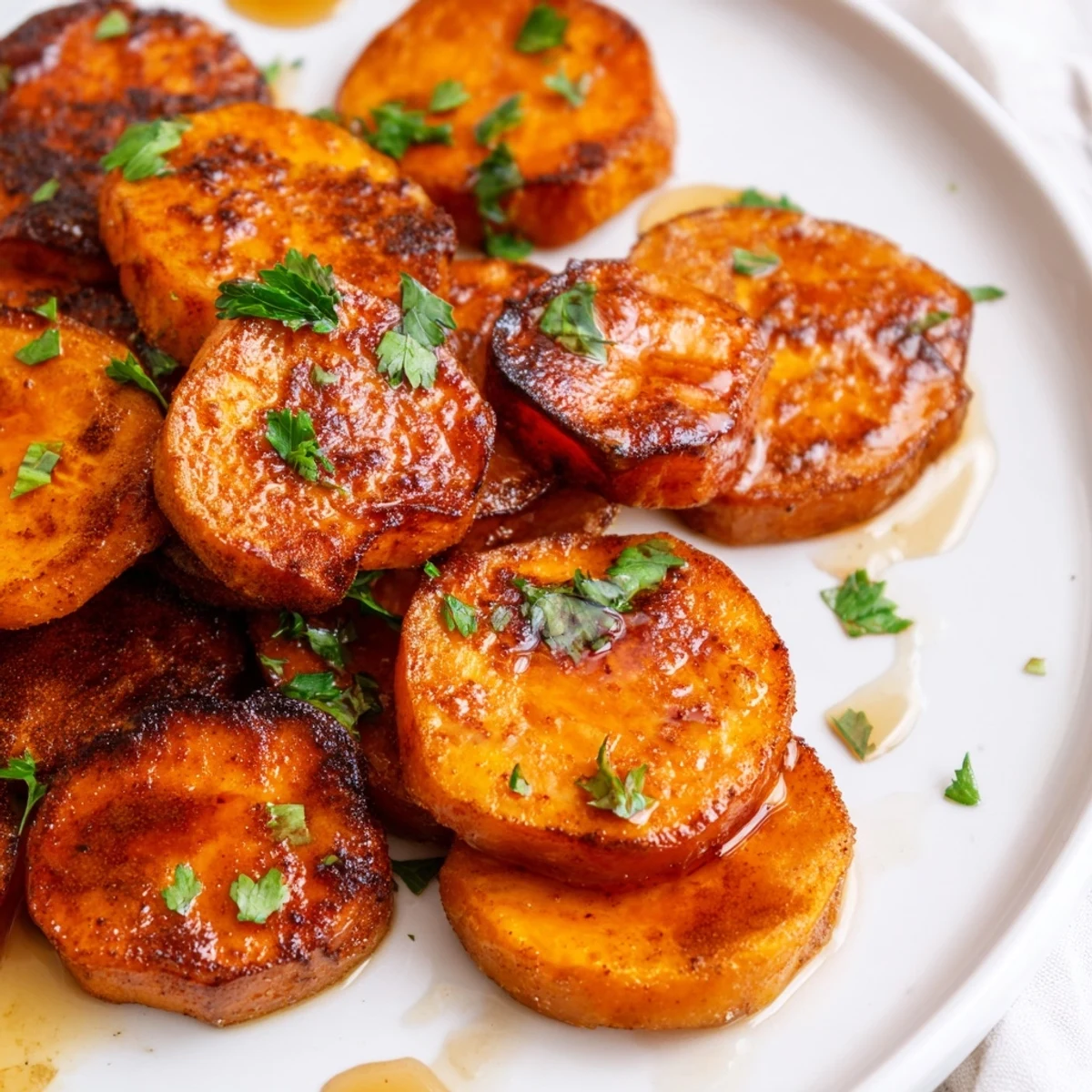 Golden-brown crispy sweet potato rounds seasoned with cinnamon and a touch of salt, arranged on a baking sheet.