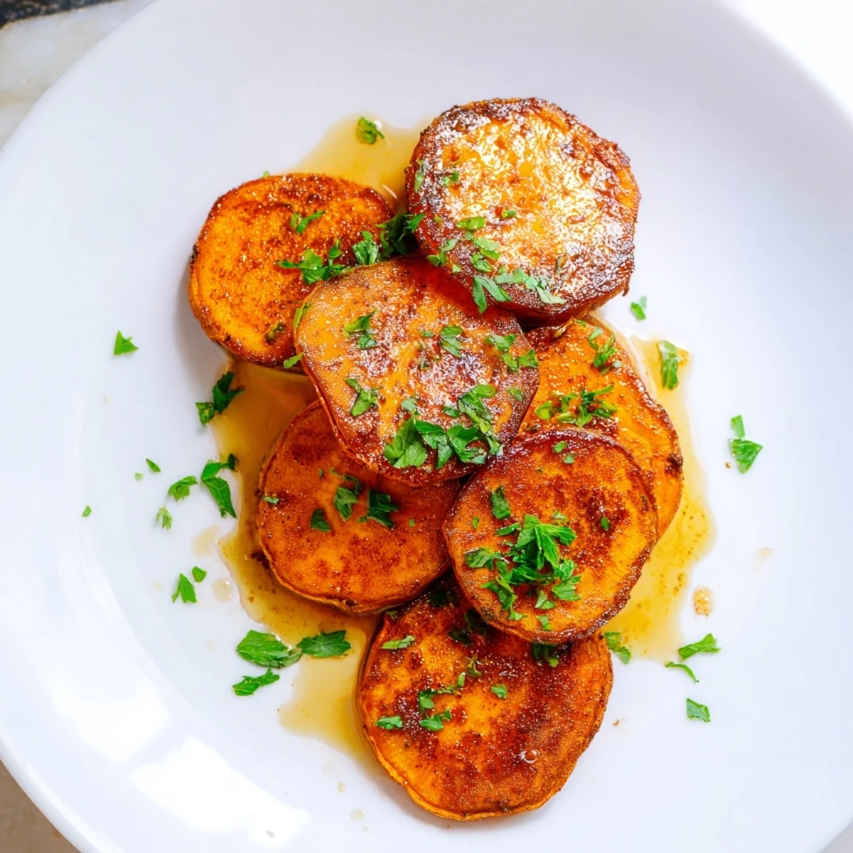 Vibrant orange sweet potato rounds caramelized in the oven, ready to be enjoyed as a snack or appetizer.