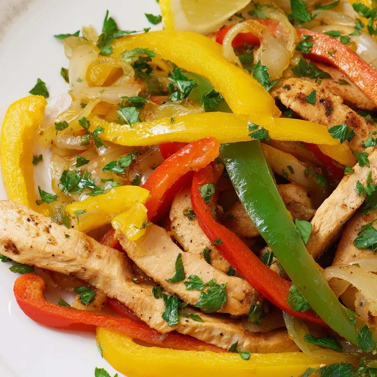 A vibrant skillet of turkey breast strips with colorful sautéed peppers and onions, finished with fresh parsley and a lemon squeeze.