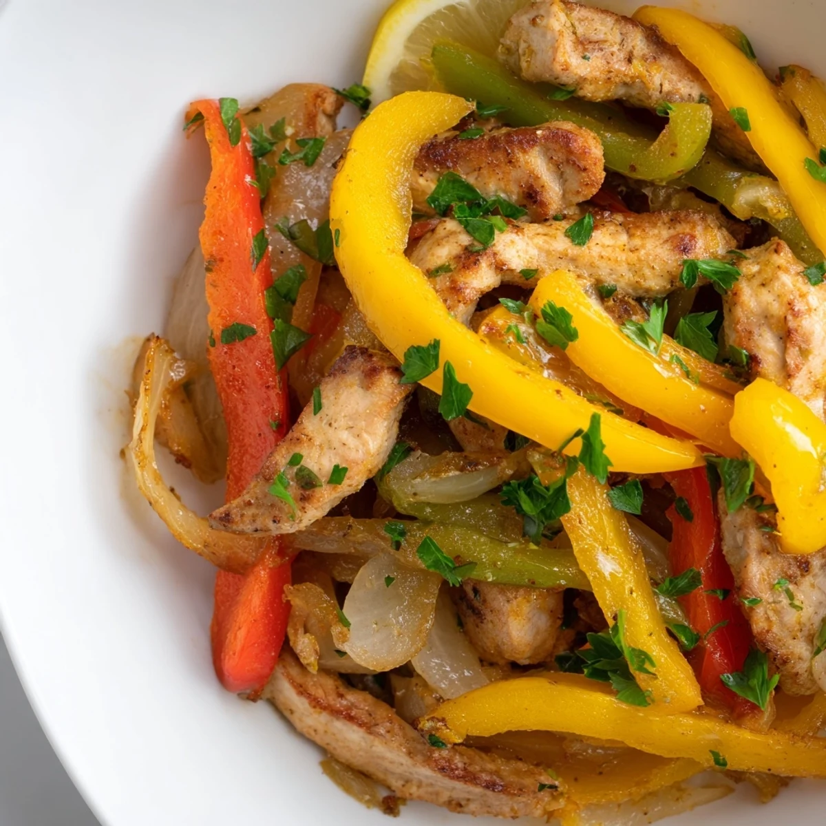 Sizzling turkey and peppers in a hot skillet, ready for a quick, healthy weeknight dinner for four.