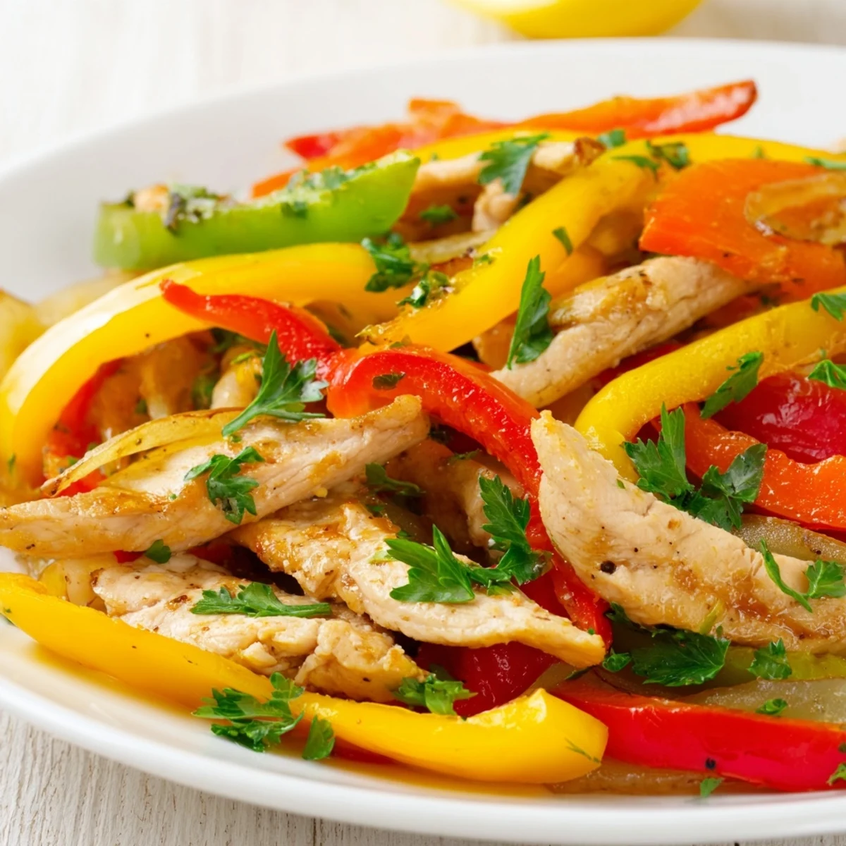 Tender turkey with caramelized onions and red, yellow, and green bell peppers, served hot with a lemony herb finish.
